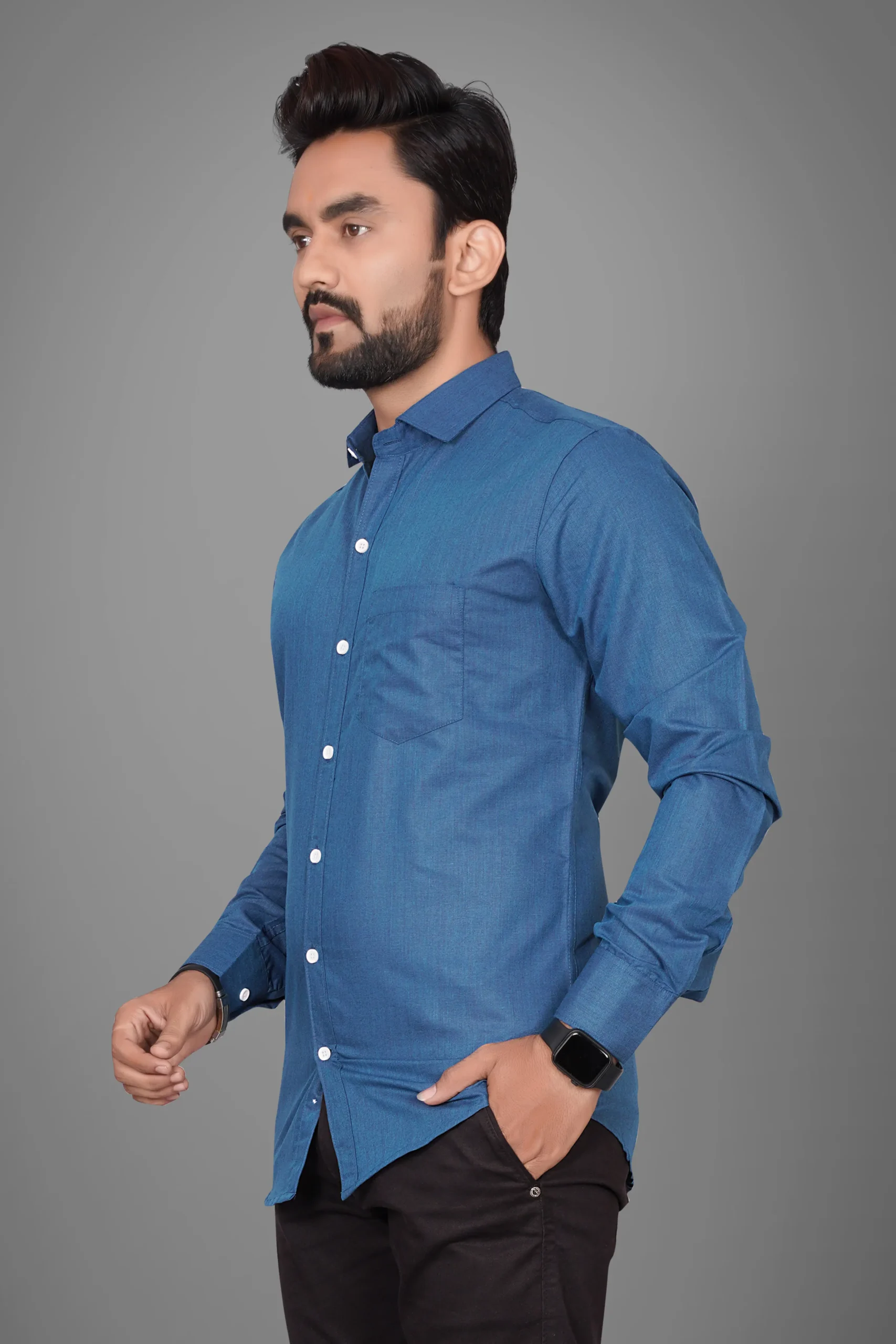Menβs Solid Blue Casual Shirt - Image 2