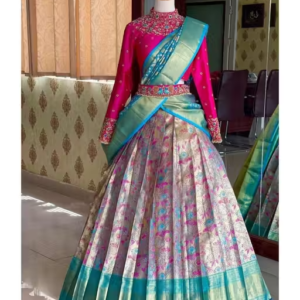 White-Pink Kanjiveram Silk Zari Lehenga Choli with Banarasi Dupatta