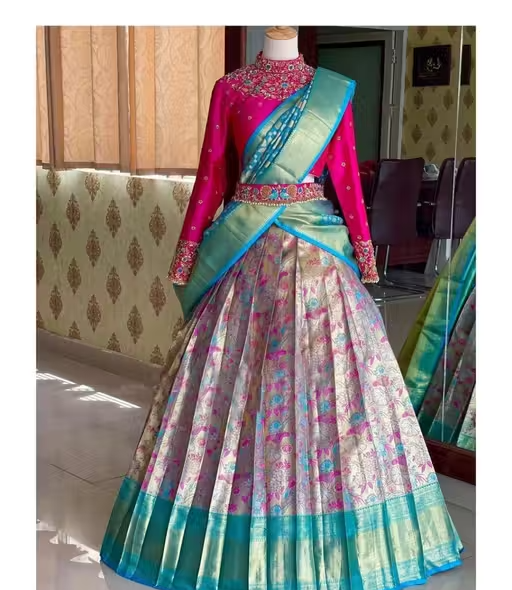 White-Pink Kanjiveram Silk Zari Lehenga Choli with Banarasi Dupatta