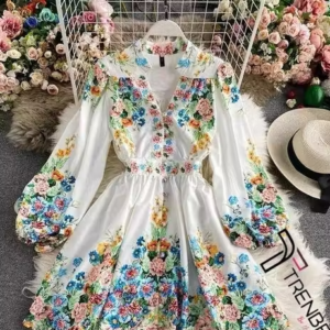 Puff Sleeve Stylish Floral Printed Dress for Women