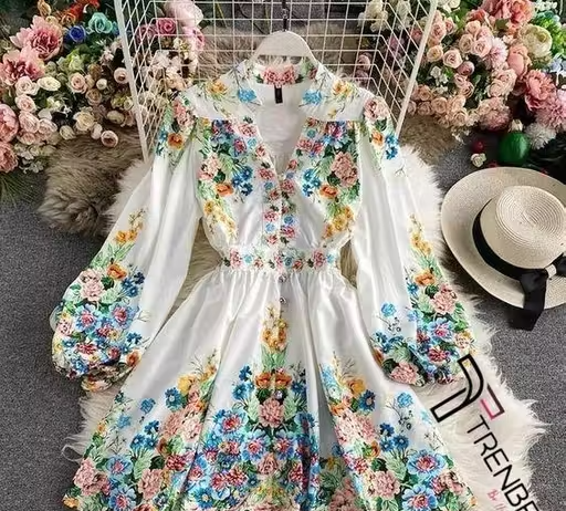 Puff Sleeve Stylish Floral Printed Dress for Women