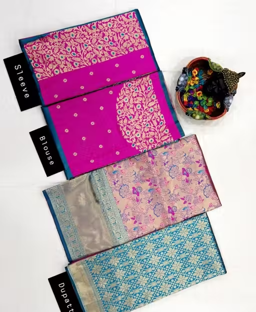 White-Pink Kanjiveram Silk Zari Lehenga Choli with Banarasi Dupatta - Image 2