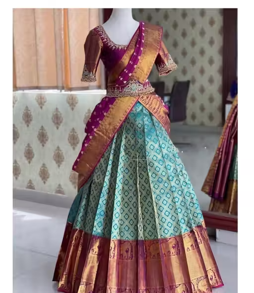 Sky Color Kanjiveram Silk Zari Lehenga Choli with Banarasi Dupatta