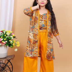 Comfortable Summer Rayon Party/Festive Wear Clothing Set with Long Jacket for Girls (Yellow)