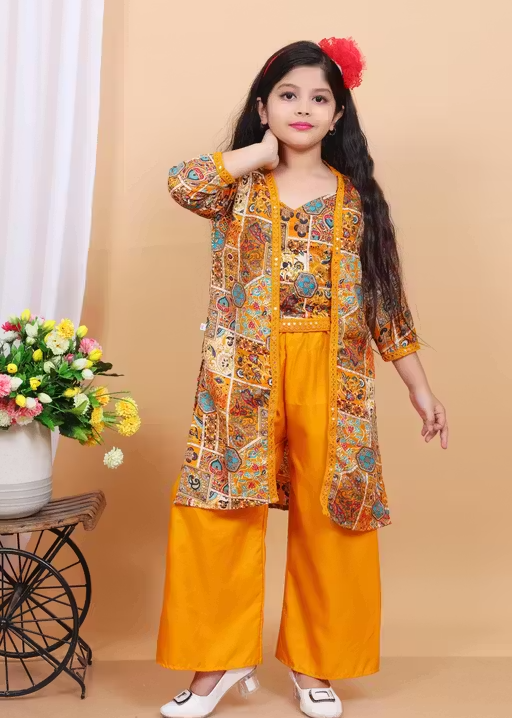 Comfortable Summer Rayon Party/Festive Wear Clothing Set with Long Jacket for Girls (Yellow)