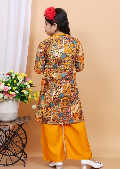 Comfortable Summer Rayon Party/Festive Wear Clothing Set with Long Jacket for Girls (Yellow) - Image 2