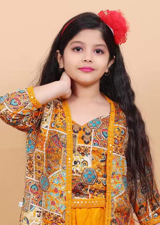 Comfortable Summer Rayon Party/Festive Wear Clothing Set with Long Jacket for Girls (Yellow) - Image 3