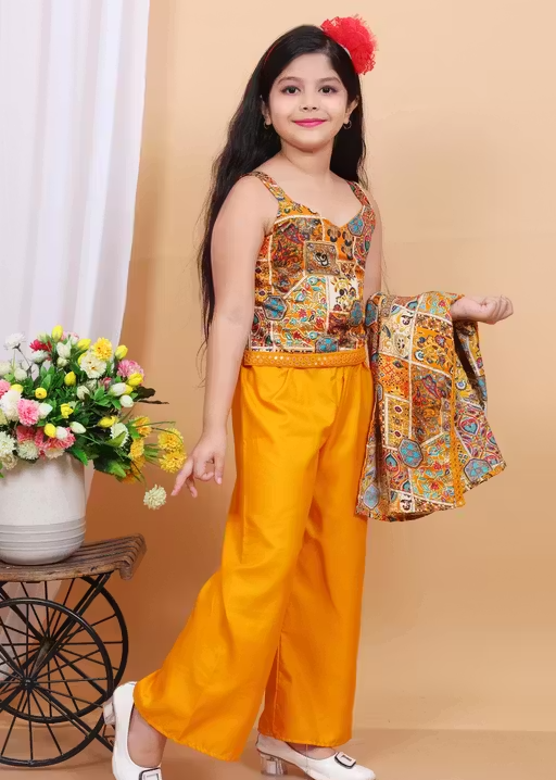 Comfortable Summer Rayon Party/Festive Wear Clothing Set with Long Jacket for Girls (Yellow) - Image 4