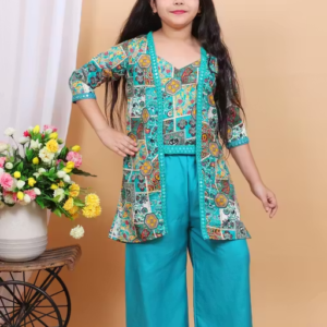 Comfortable Summer Rayon Party/Festive Wear Clothing Set with Long Jacket for Girls (Aqua)