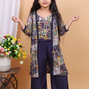 Comfortable Summer Rayon Party/Festive Wear Clothing Set with Long Jacket for Girls (Blue)