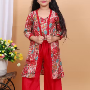 Comfortable Summer Rayon Party/Festive Wear Clothing Set with Long Jacket for Girls (Red)