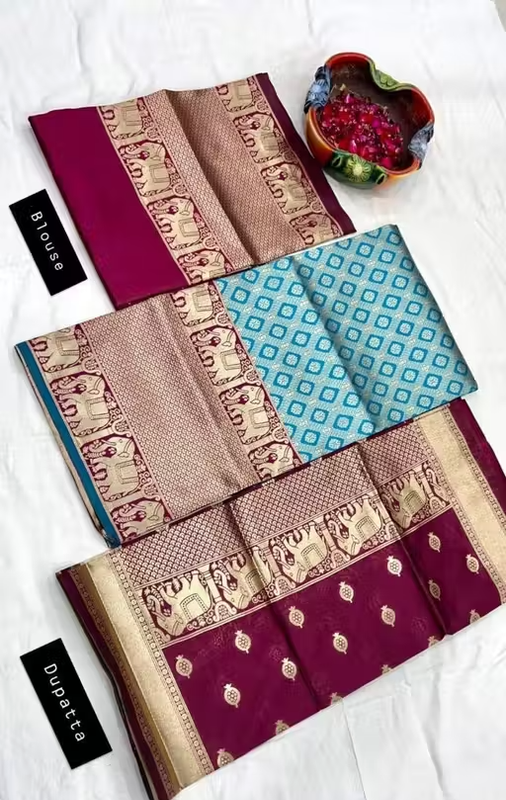 Sky Color Kanjiveram Silk Zari Lehenga Choli with Banarasi Dupatta - Image 2