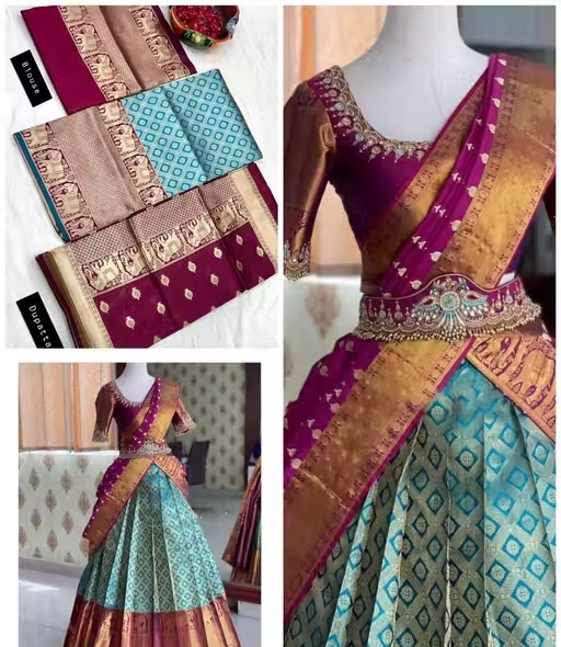 Sky Color Kanjiveram Silk Zari Lehenga Choli with Banarasi Dupatta - Image 3