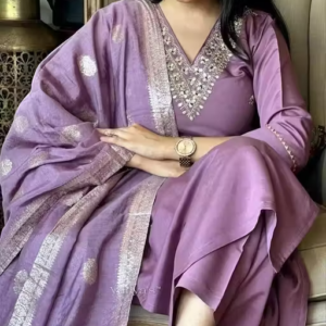 Women's Lavender Rayon Slub Embroidered Kurta Pant Set with Dupatta