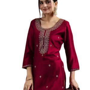 Women Silk Blend Embroidered Kurta