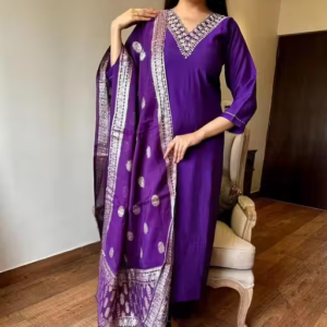 Women's Violet Rayon Slub Embroidered Kurta Pant Set with Chanderi Dupatta