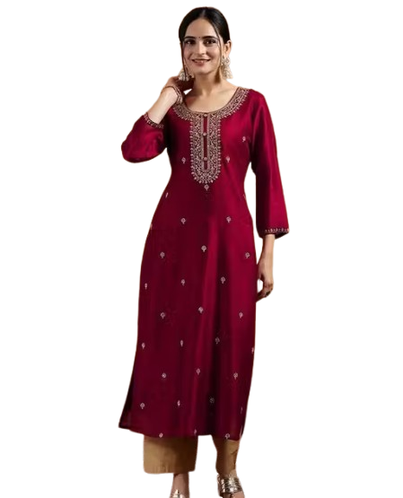 Women Silk Blend Embroidered Kurta