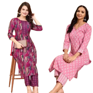Women Cotton Blend Printed Kurta Pant Set (Pack of 2)