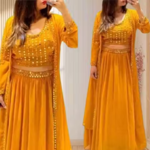 Yellow Georgette Indo-Western Gown Set for Women