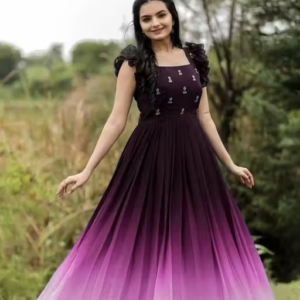 Wine Faux Georgette Embroidered Ombre Gown for Women