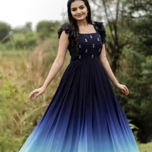 Blue Faux Georgette Embroidered Ombre Gown for Women