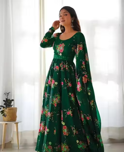 Flower Print Long Kurti With Dupatta (No Bottomwear) - Image 2