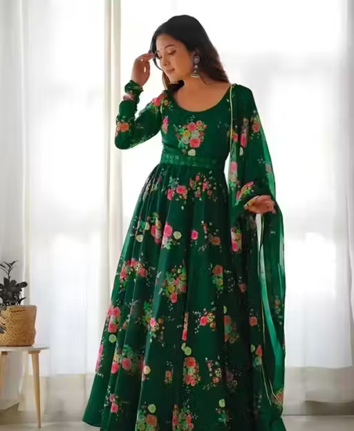 Flower Print Long Kurti With Dupatta (No Bottomwear) - Image 3