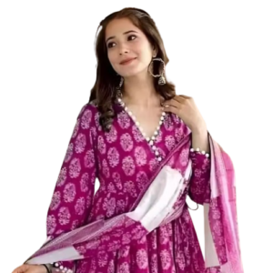 Women Rayon Printed Pom Pom Anarkali Kurta Set