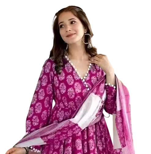 Women Rayon Printed Pom Pom Anarkali Kurta Set