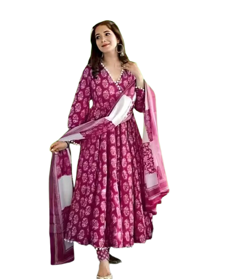 Women Rayon Printed Pom Pom Anarkali Kurta Set - Image 2