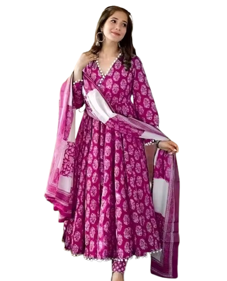 Women Rayon Printed Pom Pom Anarkali Kurta Set - Image 4