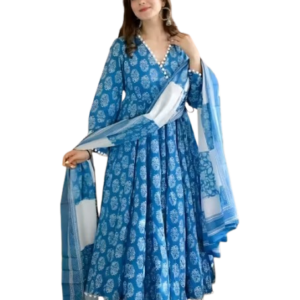 Women Printed Pom Pom Anarkali Kurta Set with Dupatta
