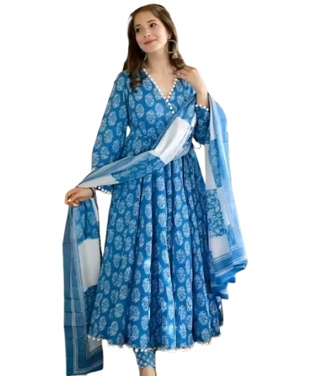 Women Printed Pom Pom Anarkali Kurta Set with Dupatta