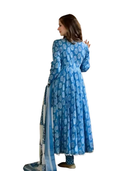 Women Printed Pom Pom Anarkali Kurta Set with Dupatta - Image 2