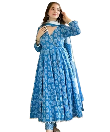 Women Printed Pom Pom Anarkali Kurta Set with Dupatta - Image 3