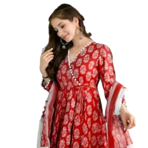 Women Printed Pom Pom Anarkali Kurta Pant Set with Dupatta