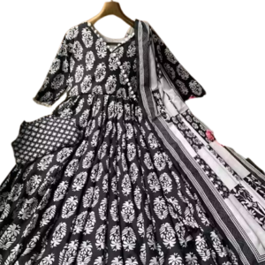Women Rayon Printed Pom Pom Anarkali Kurta Set with Dupatta