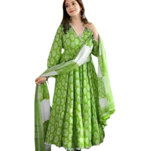 Women Rayon Printed Pom Pom Anarkali Kurta Pant Set with Dupatta