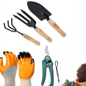 Gardening Tool Set with Wooden Handle (5 Pieces with Gloves)