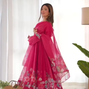 Women Organza Silk Embroidered Anarkali Kurta Pant Set with Dupatta