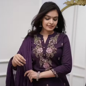 Women Rayon Embroidered Purple Kurta Pant Set with Dupatta