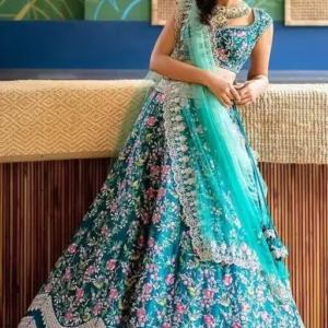 Women Silk Embroidered Lehenga Choli Set with Net Dupatta (Aqua Blue)