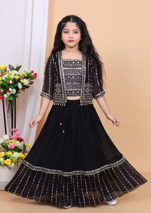 Girls Embroidered Lehenga Choli Set with Jacket