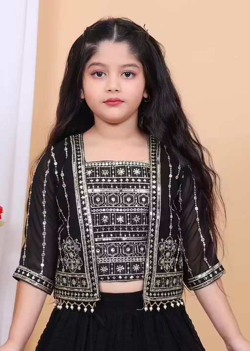 Girls Embroidered Lehenga Choli Set with Jacket - Image 4