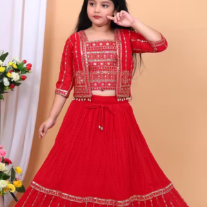 Girls Embroidered Lehenga Choli Set with Jacket