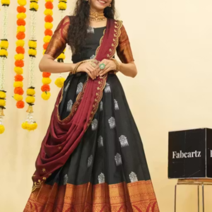 Women South Indian Style Half Saree Lehenga Set with Blouse & Rangoli Silk Dupatta