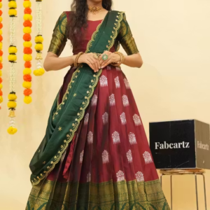 Women South Indian Style Half Saree Lehenga Set with Blouse & Embroidered Dupatta