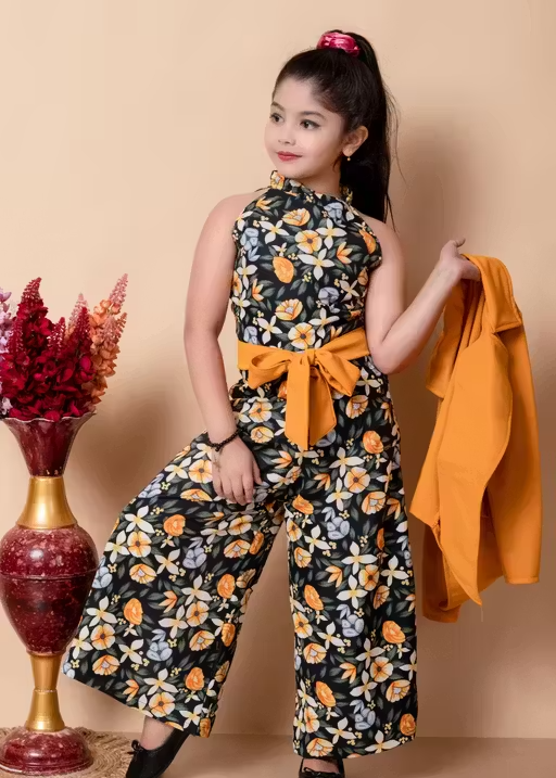 Girls Self Designed Premium Cotton Jacket Jumpsuit Dress - Image 3