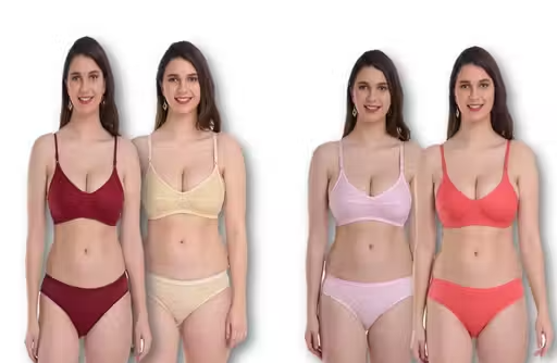 Solid Fancy Women Bra Panty Sets – Lingerie Set (Pack of 4)
