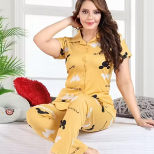 Women’s Printed Satin Night Suit Co-ord Set – Shirt Style Nightdress Set (Yellow)